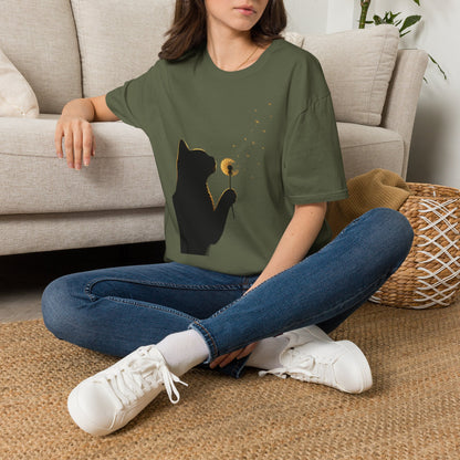 Cat Silhouette Dandelion Tee — Whimsical Night Cat T-Shirt