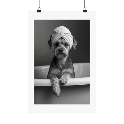Spa Pup Matte Vertical Poster — Black & White Dog in Bathtub Print