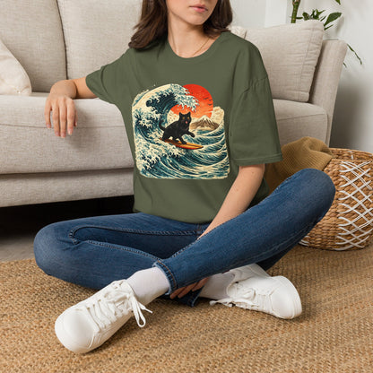 Surfing Black Cat T-Shirt — Vintage Wave Sunset Tee
