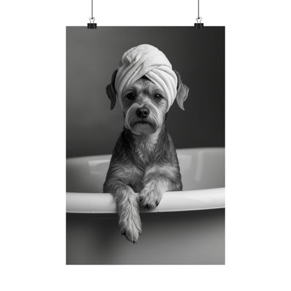 Digital download Spa Pup Matte Vertical Poster — Black & White Dog in Bathtub Print