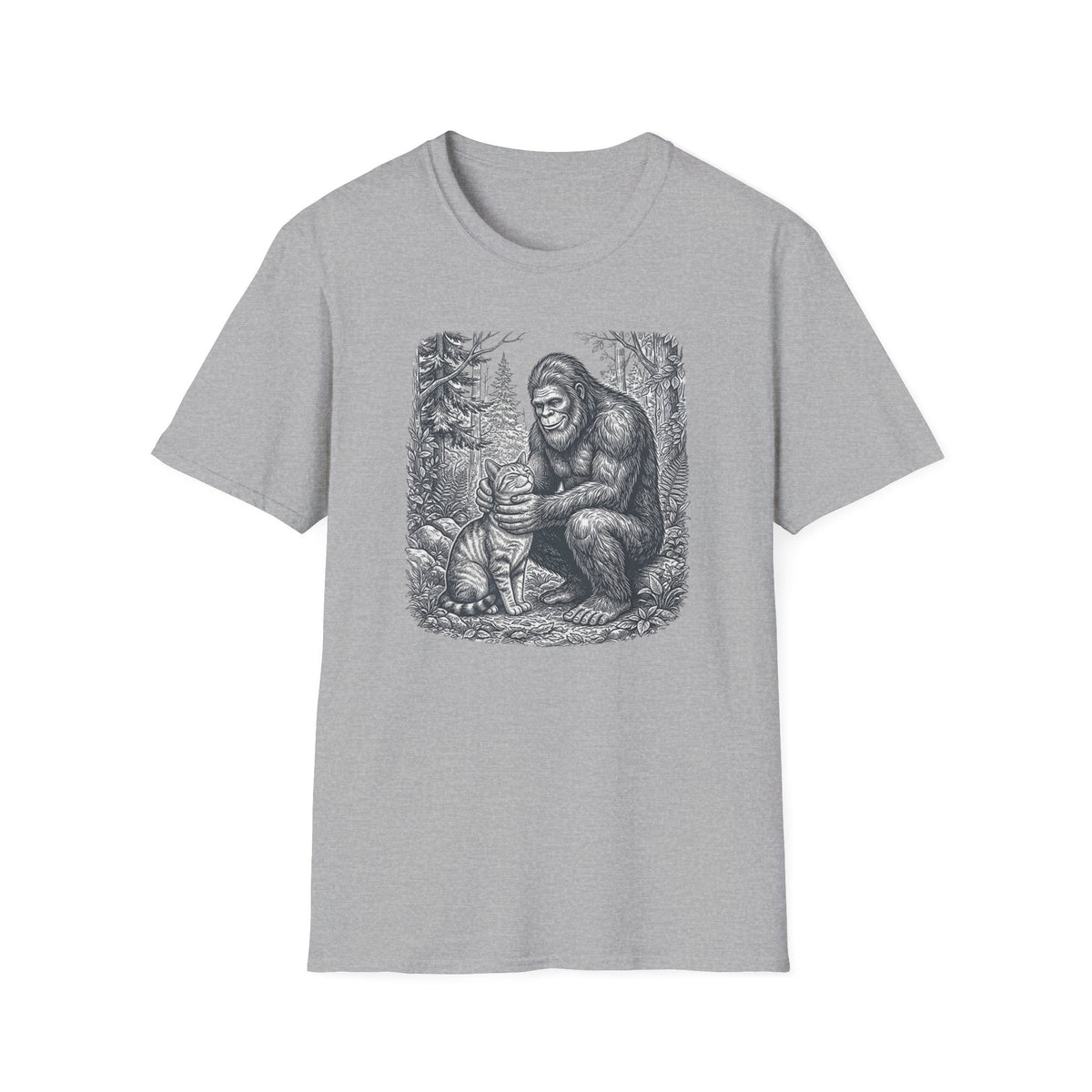 Bigfoot & Cat T-Shirt — Vintage Sasquatch Forest Illustration