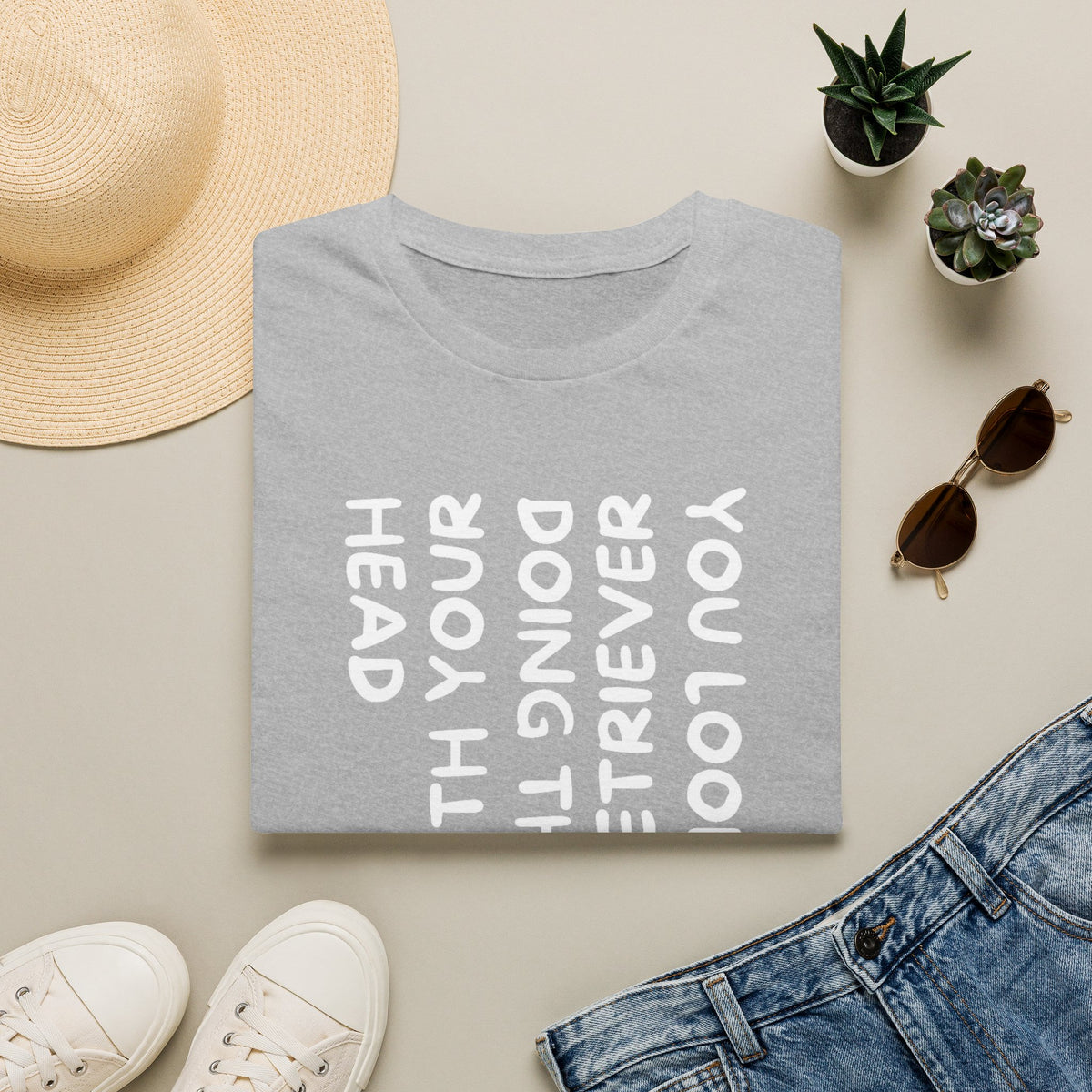T‑Shirt — “With Your Head I Look Like My Retriever” Vertical Text Graphic Tee