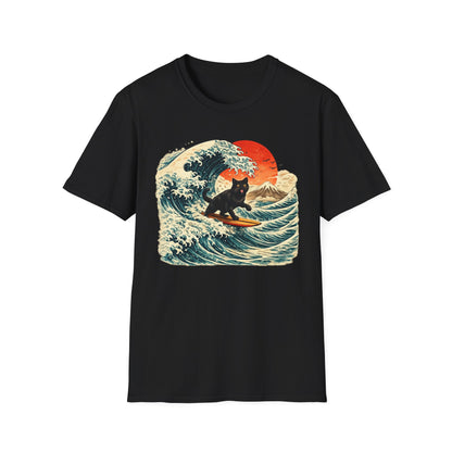 Surfing Black Cat T-Shirt — Vintage Wave Sunset Tee