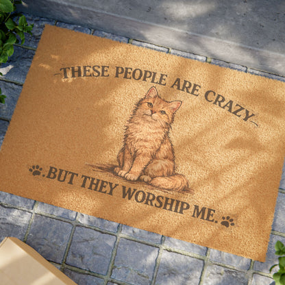Cat Doormat — "These People Are Crazy But They Worship Me" Funny Pet Welcome Mat