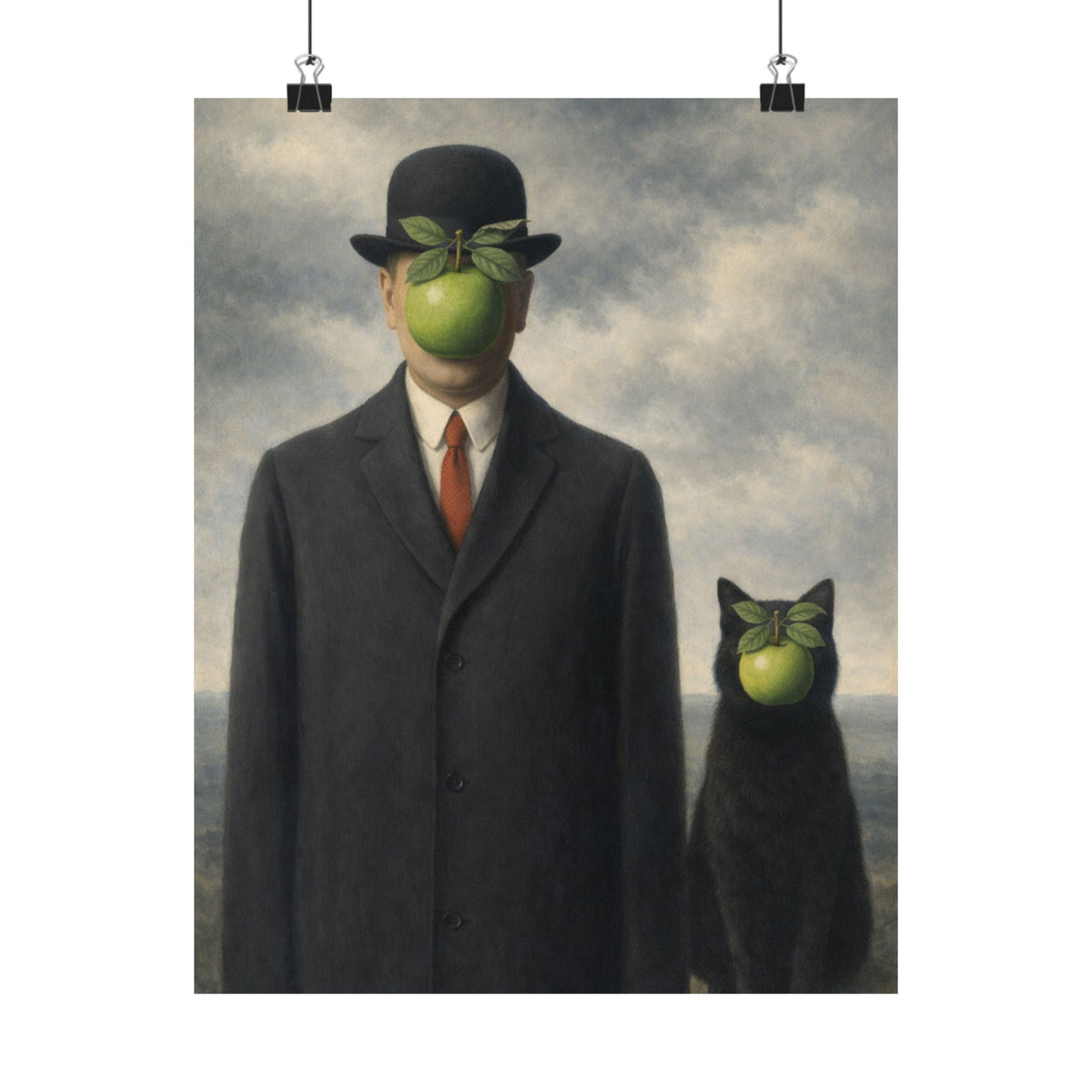 Digital download Surreal Apple-Faced Man & Cat Matte Poster — Vintage René Magritte Style Art Print