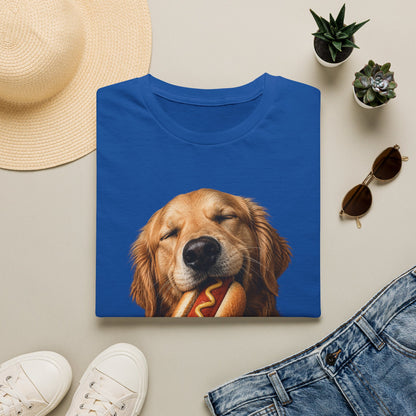 Golden Retriever Hot Dog T-Shirt — Cute Dog Eating Hotdog Graphic Tee