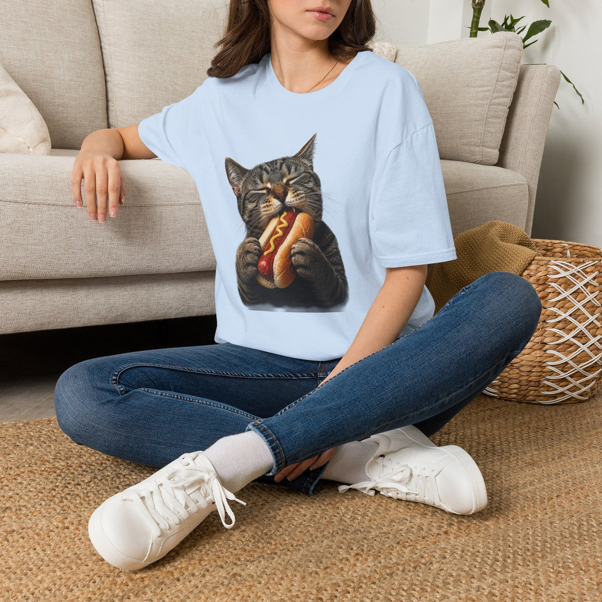 Cat Eating Hot Dog T-Shirt — Funny Cute Cat Graphic Tee
