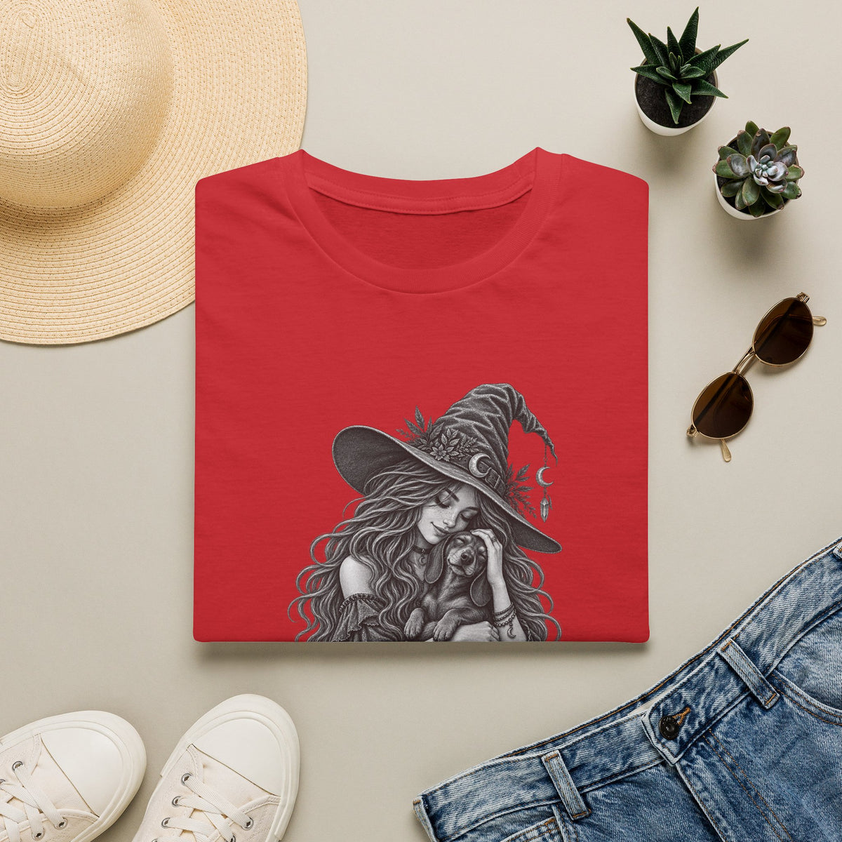 Witch Girl petting a dog Graphic T-Shirt — Witch Illustration Tee