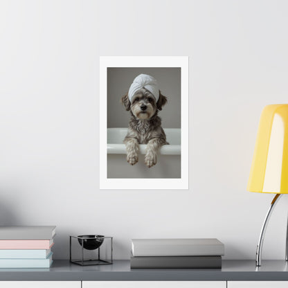 Dog Spa Poster — Cute Puppy in Towel Matte Vertical Wall Art