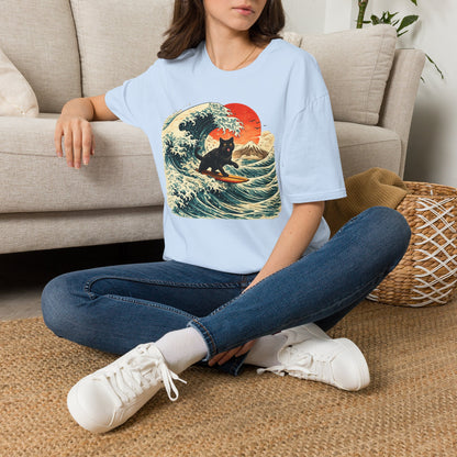Surfing Black Cat T-Shirt — Vintage Wave Sunset Tee