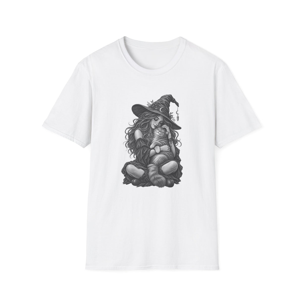 Witch and Cat Graphic T-Shirt — Cozy Gothic Halloween Tee