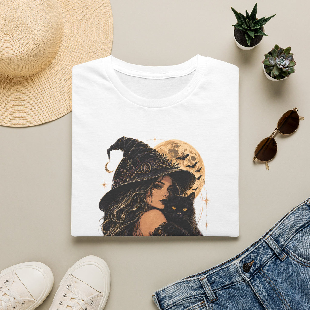 Witch & Black Cat Moon T-Shirt — Mystical Halloween Graphic Tee