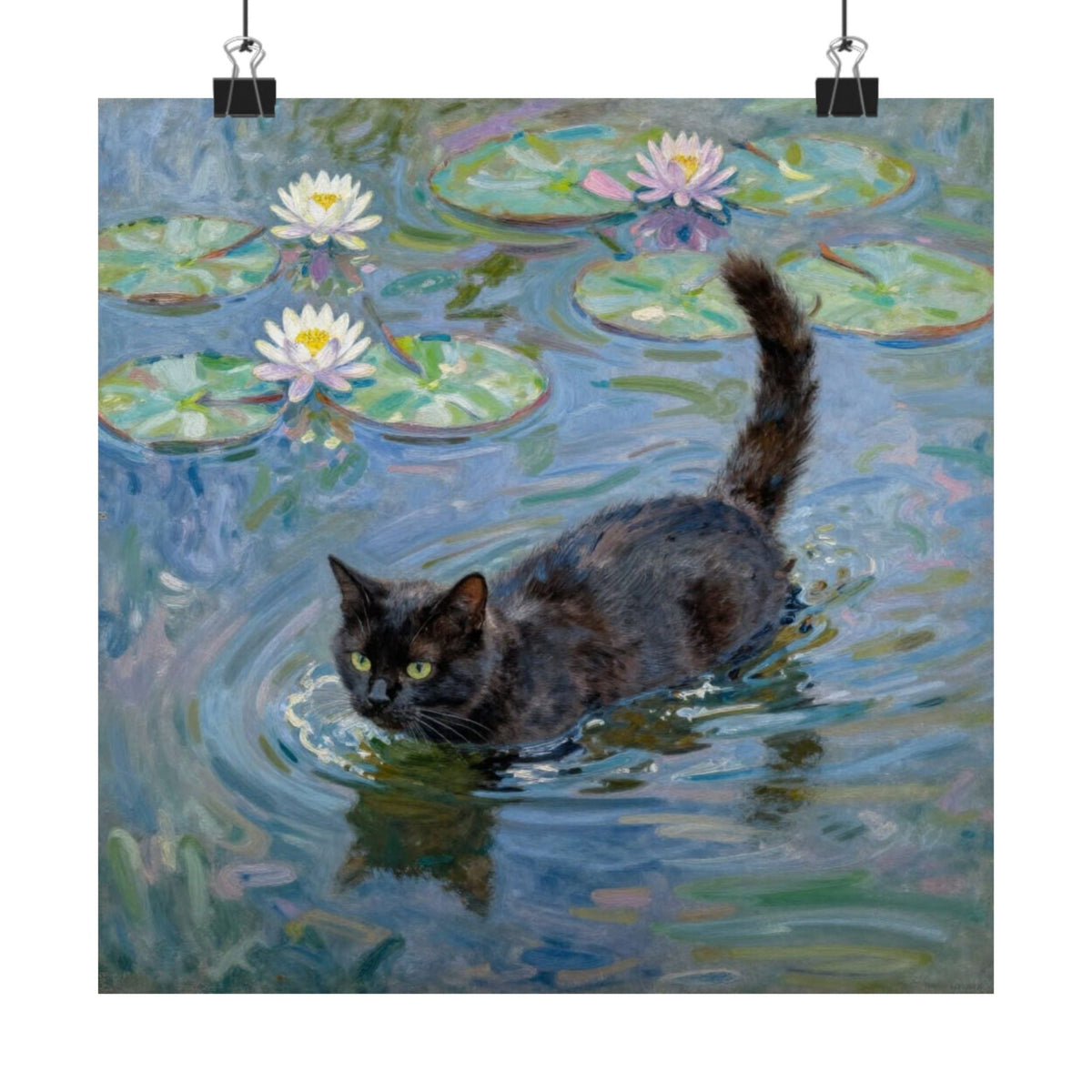 Digital download Poster — Black Cat in Water with Waterlilies (Art Print)