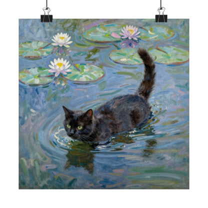 Digital download Poster — Black Cat in Water with Waterlilies (Art Print)