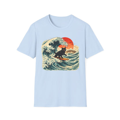 Surfing Black Cat T-Shirt — Vintage Wave Sunset Tee