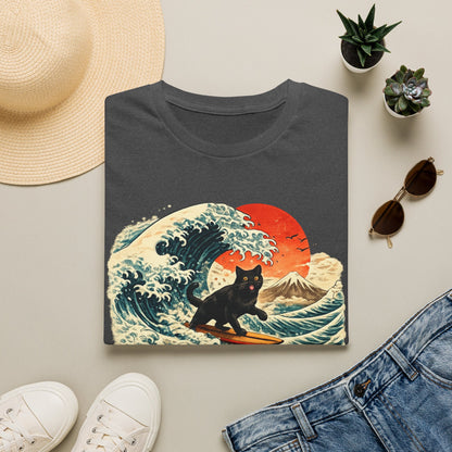 Surfing Black Cat T-Shirt — Vintage Wave Sunset Tee