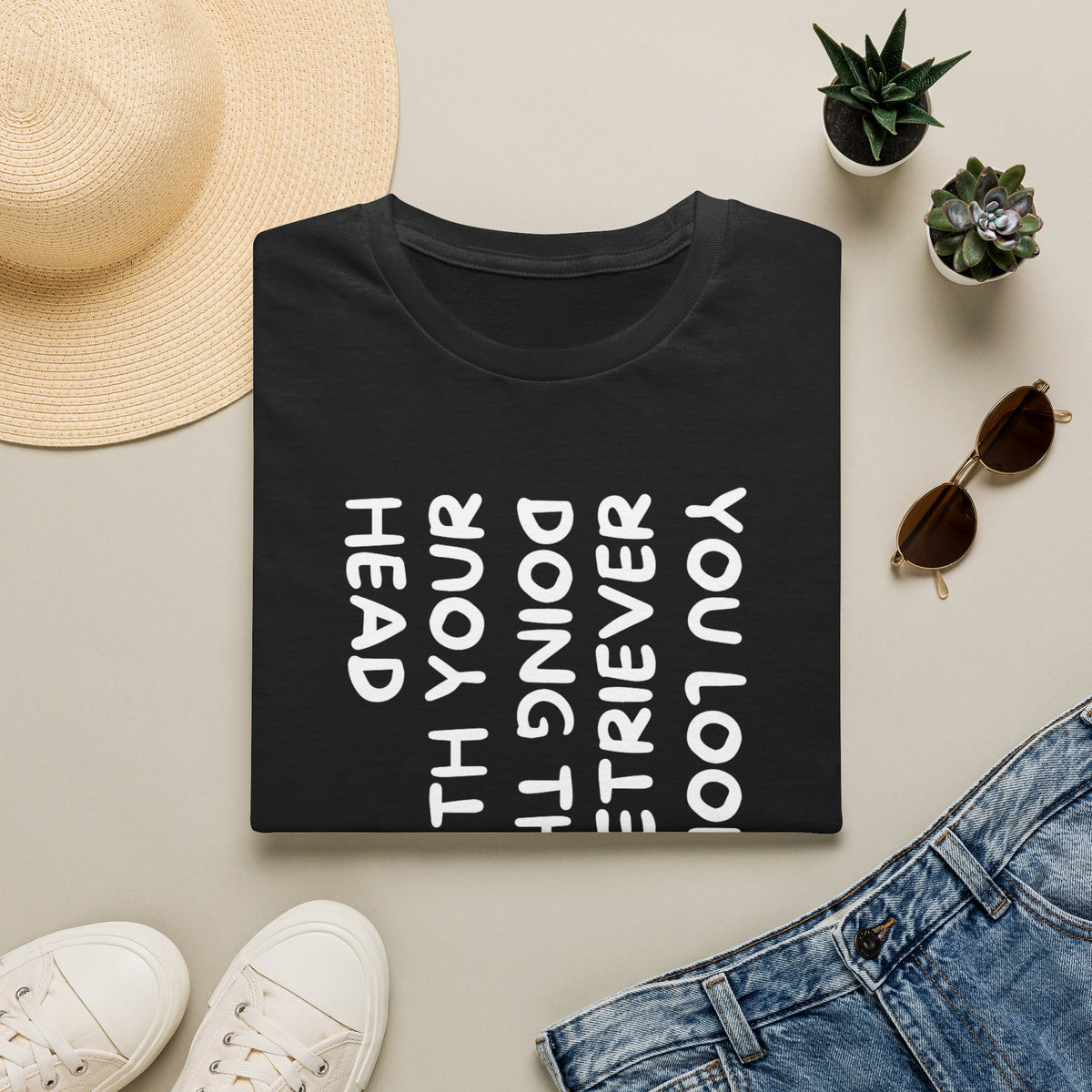 T‑Shirt — “With Your Head I Look Like My Retriever” Vertical Text Graphic Tee
