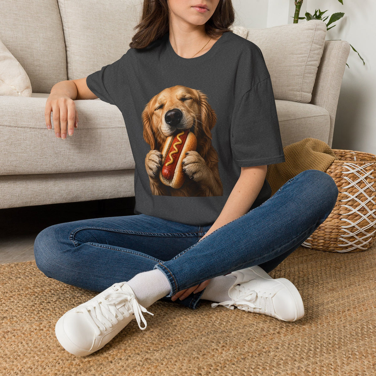 Golden Retriever Hot Dog T-Shirt — Cute Dog Eating Hotdog Graphic Tee