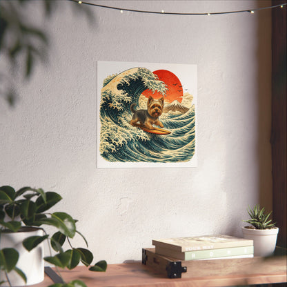 Surfing Yorkie Poster — Vintage Wave Art Matte Vertical Print