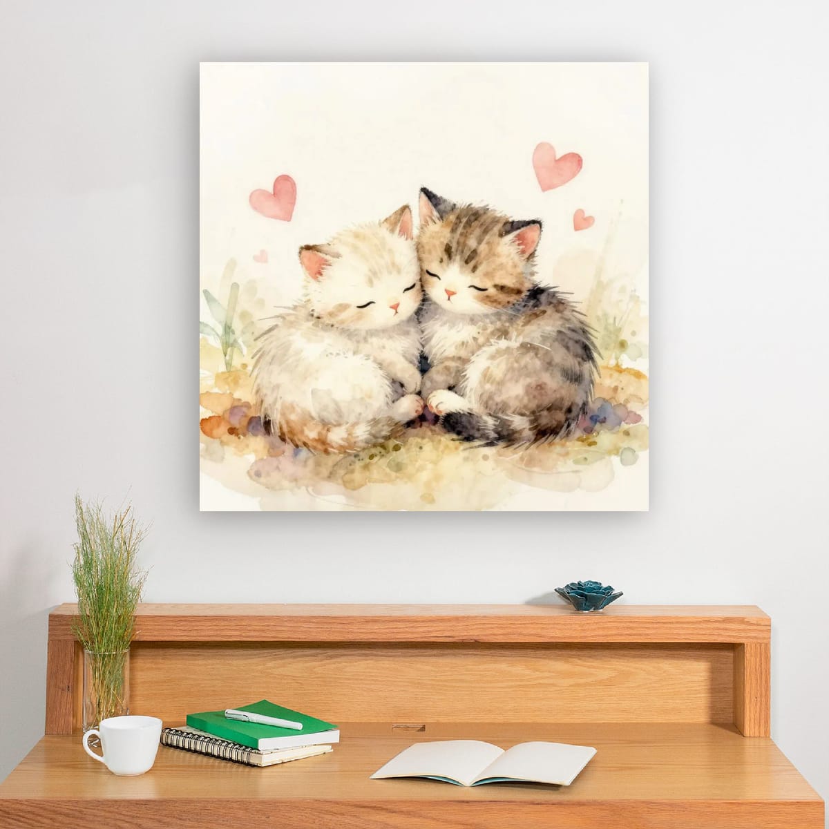 Cute Watercolor Kittens Matte Poster — Sleeping Cats with Hearts
