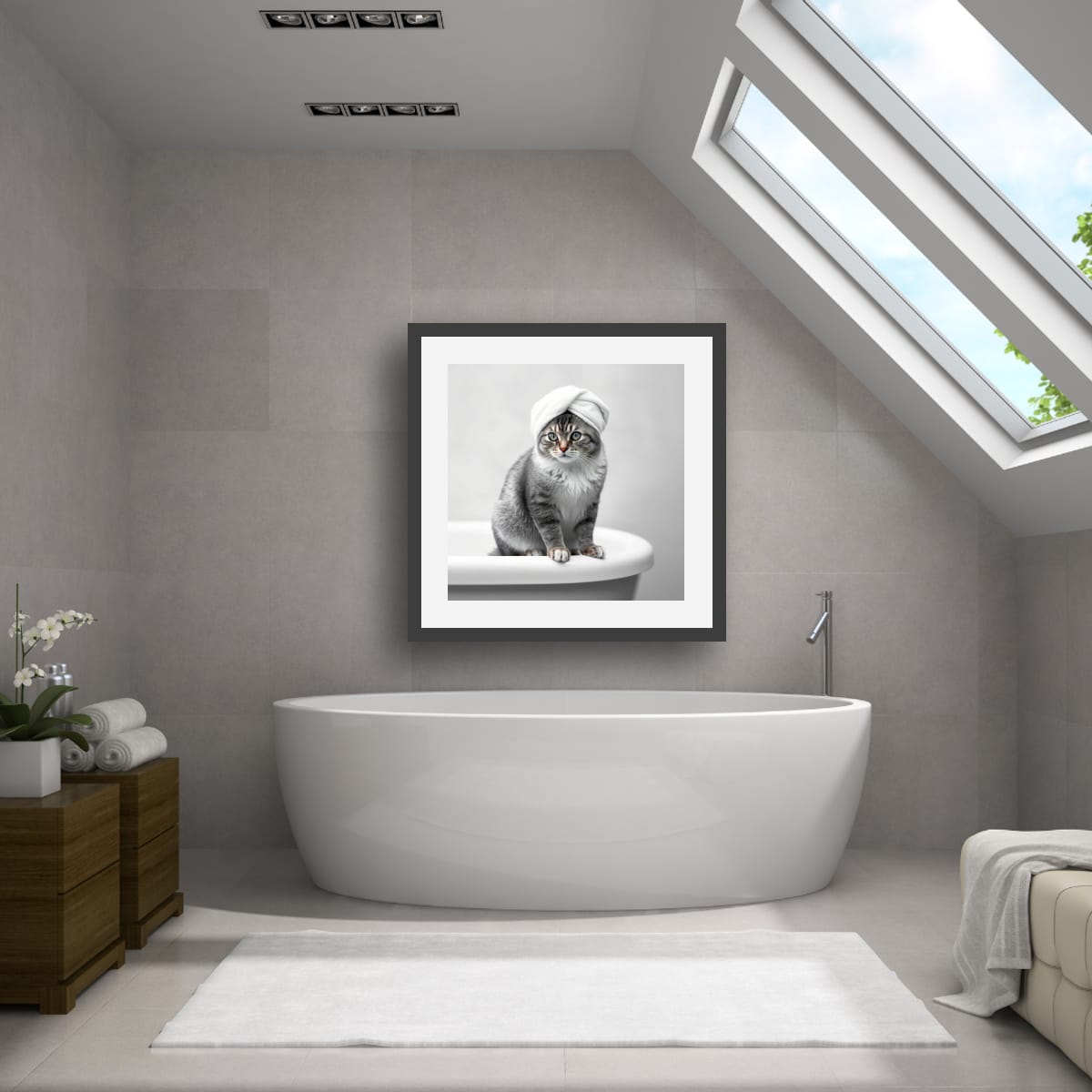Digital download Cat Spa Poster — Cute Grey Cat with Towel on Bathtub Matte Vertical Art Print
