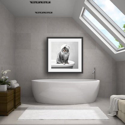 Digital download Cat Spa Poster — Cute Grey Cat with Towel on Bathtub Matte Vertical Art Print