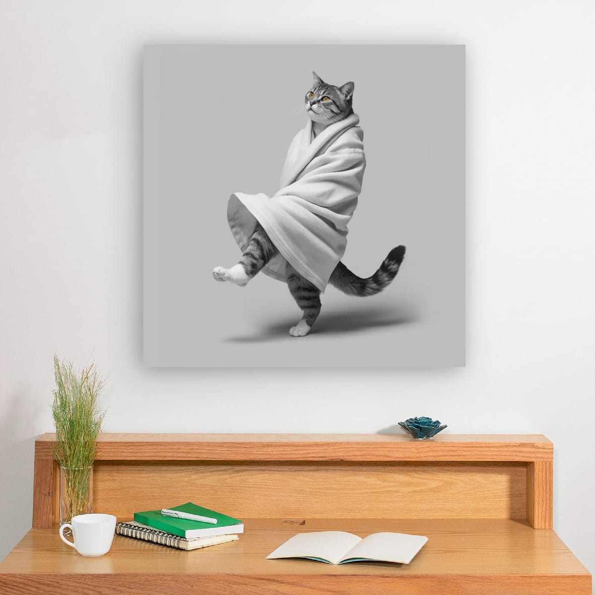 Digital download Dancing Cat Poster — Whimsical Cat Wrapped in Blanket Matte Print