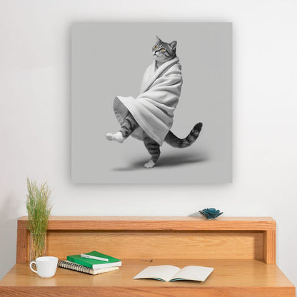 Digital download Dancing Cat Poster — Whimsical Cat Wrapped in Blanket Matte Print
