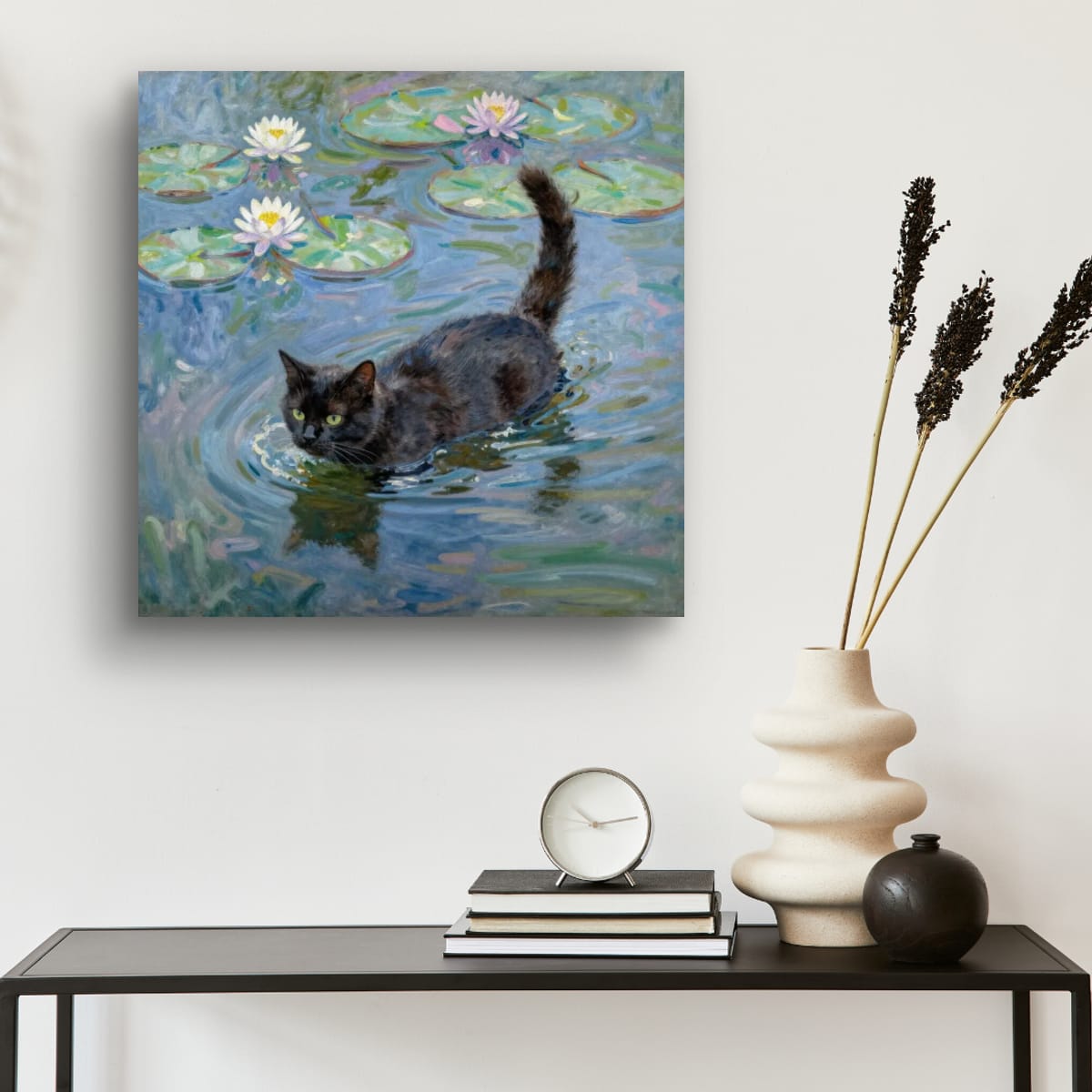 Digital download Poster — Black Cat in Water with Waterlilies (Art Print)