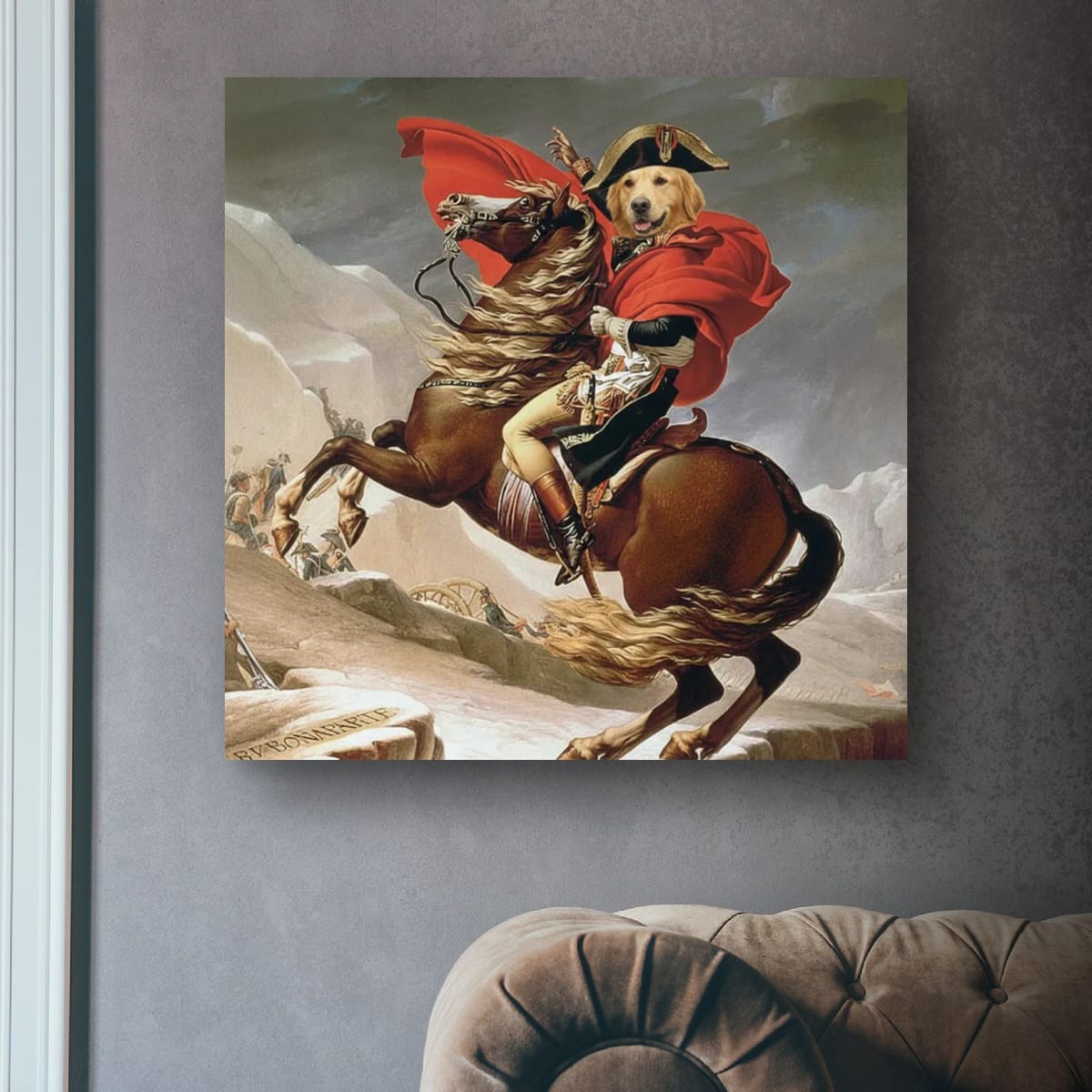 Napoleon Dog Riding Horse Matte Vertical Poster — Funny Historical Wall Art