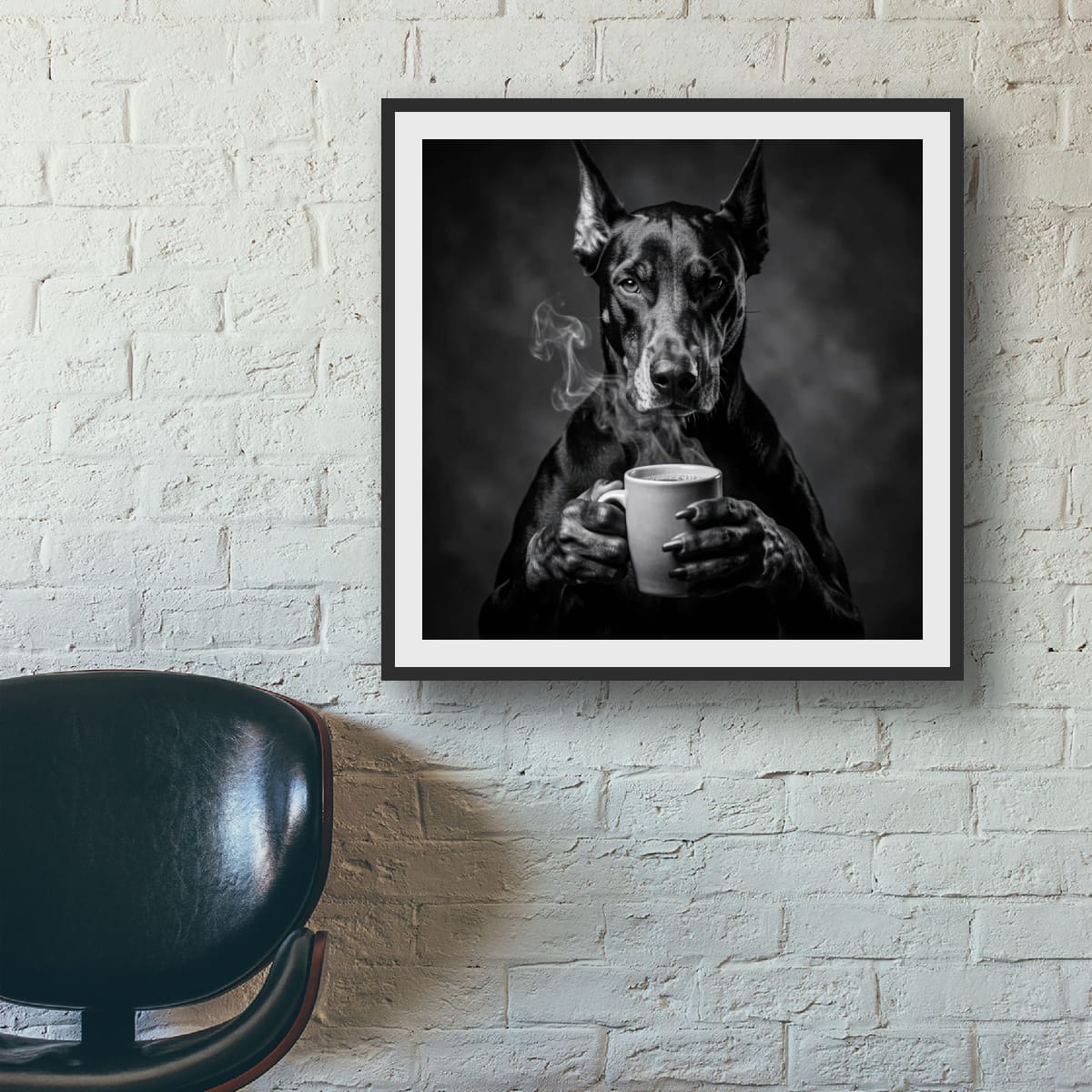 Doberman Coffee Poster — Black & White Matte Dog Art Print