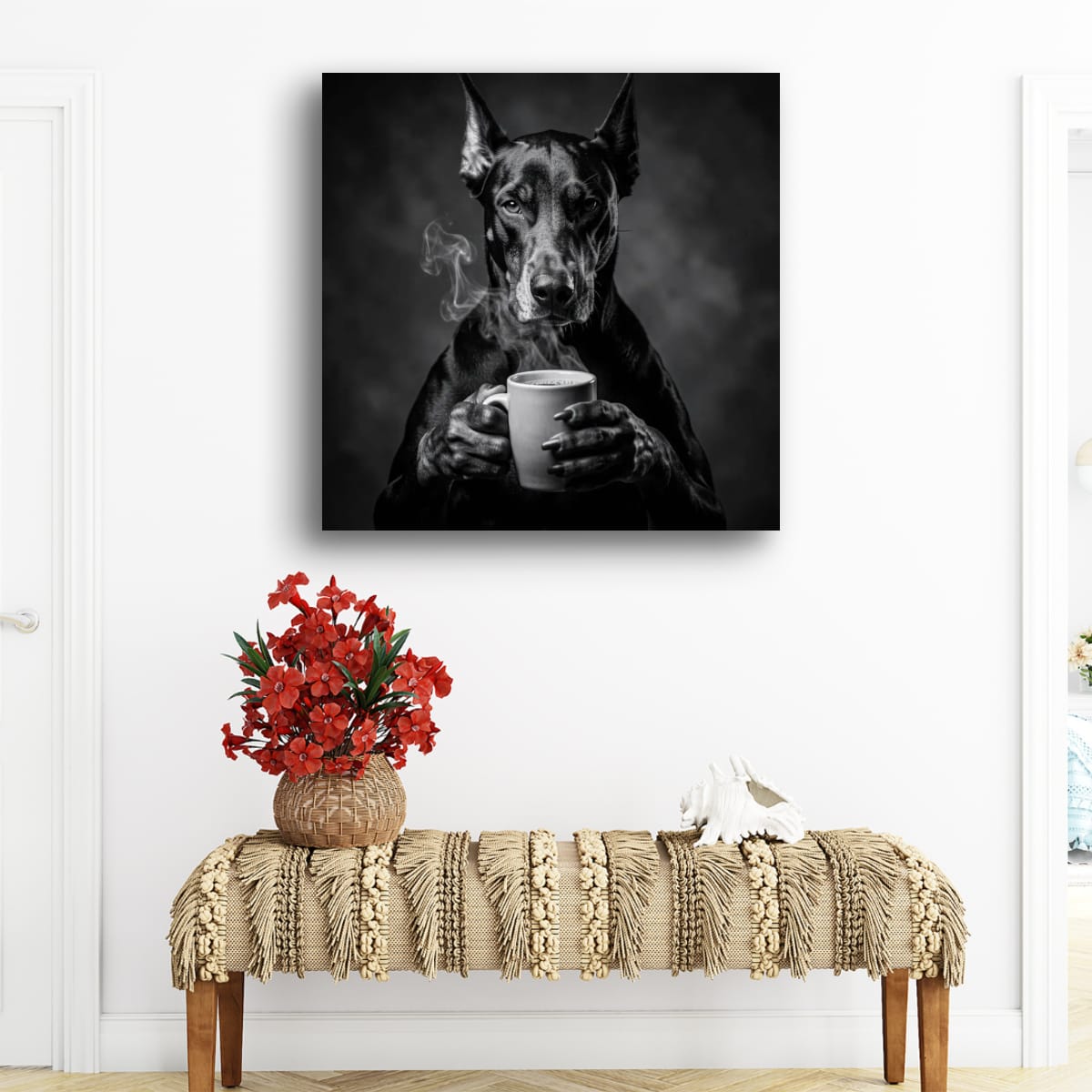 Doberman Coffee Poster — Black & White Matte Dog Art Print