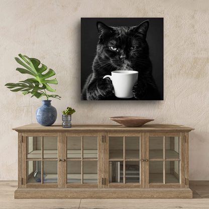 Black Cat with Coffee Matte Poster — Moody Cat Wall Art