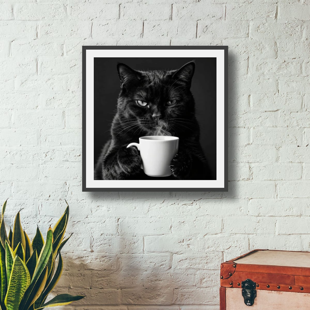 Black Cat with Coffee Matte Poster — Moody Cat Wall Art