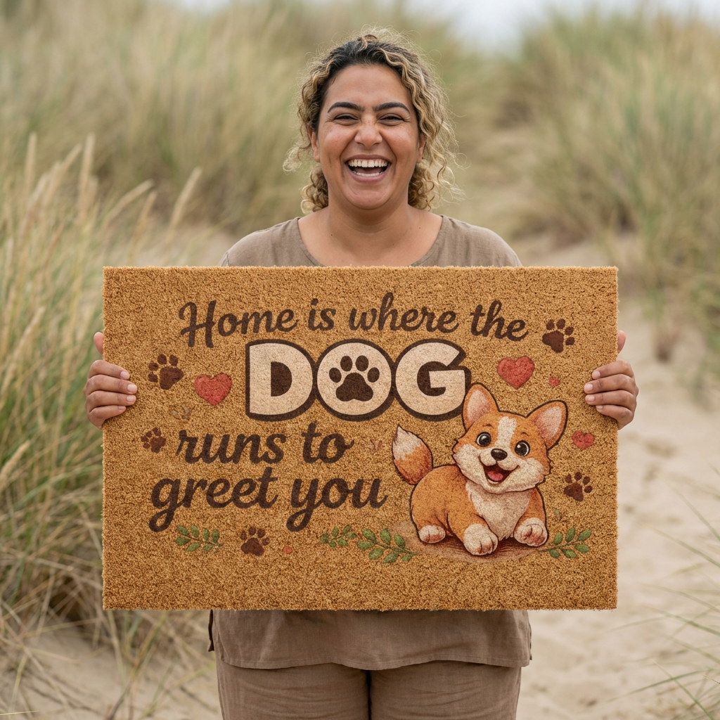 Doormat — dog runs to greet you
