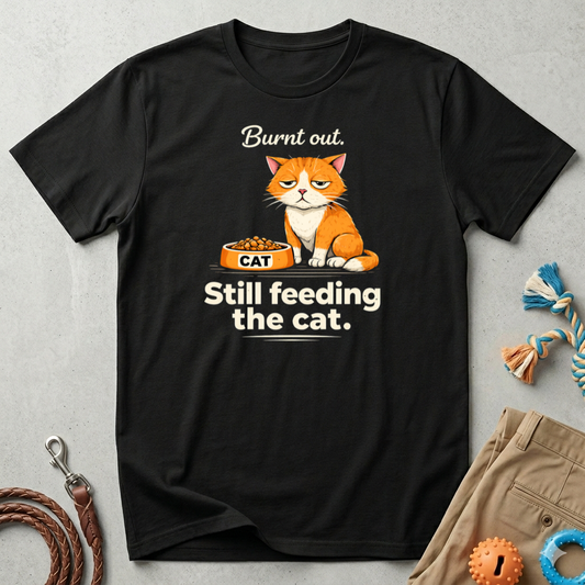 Cat T-Shirt — "Burnt Out Still Feeding the Cat" Funny Pet Mom/Dad Tee
