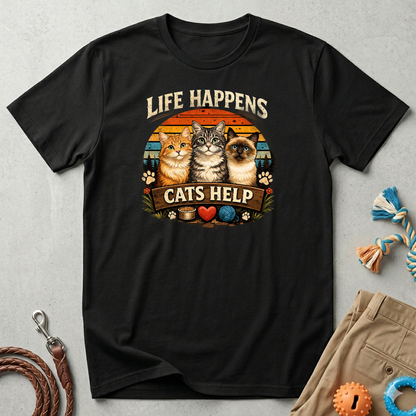 Life Happens Cats Help T-Shirt — Vintage Cat Lover Tee