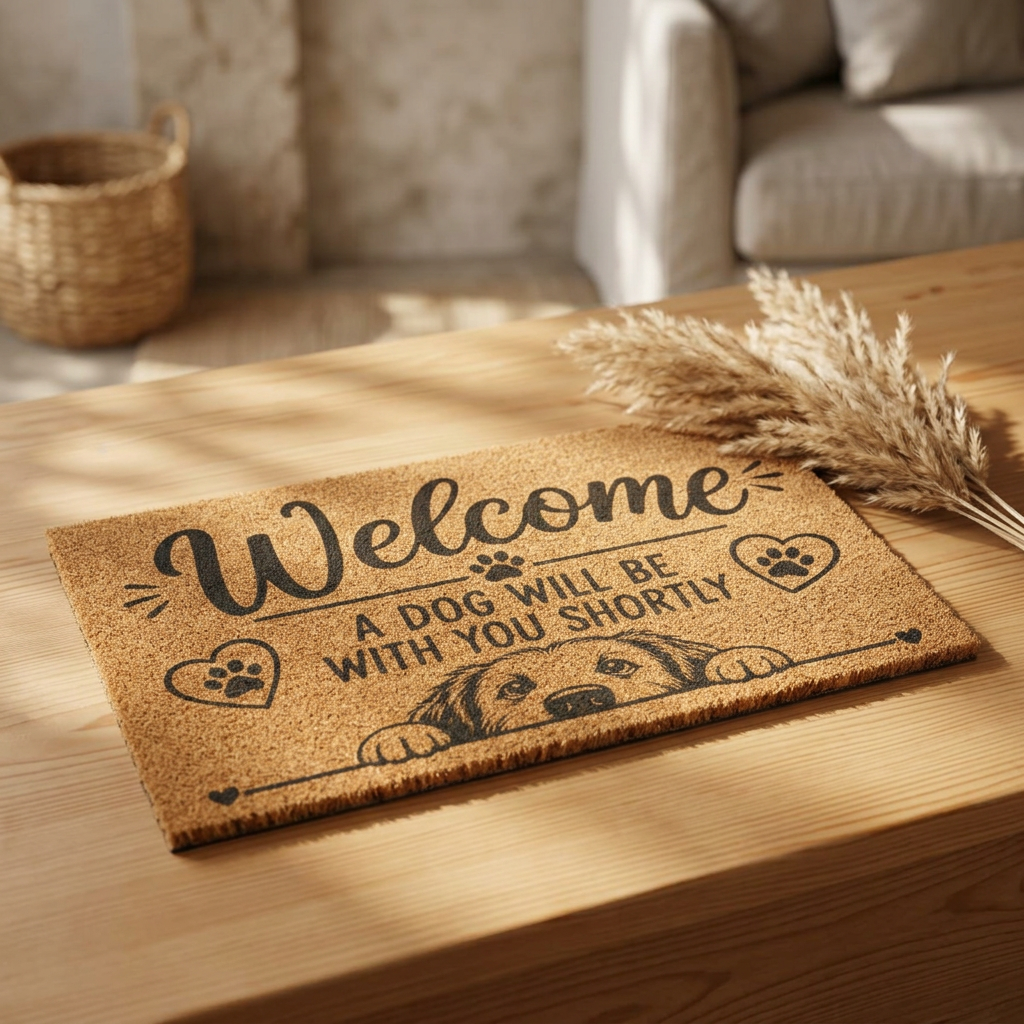 Welcome Doormat — "A Dog Will Be With You Shortly" Coir Pet Lover Welcome Mat