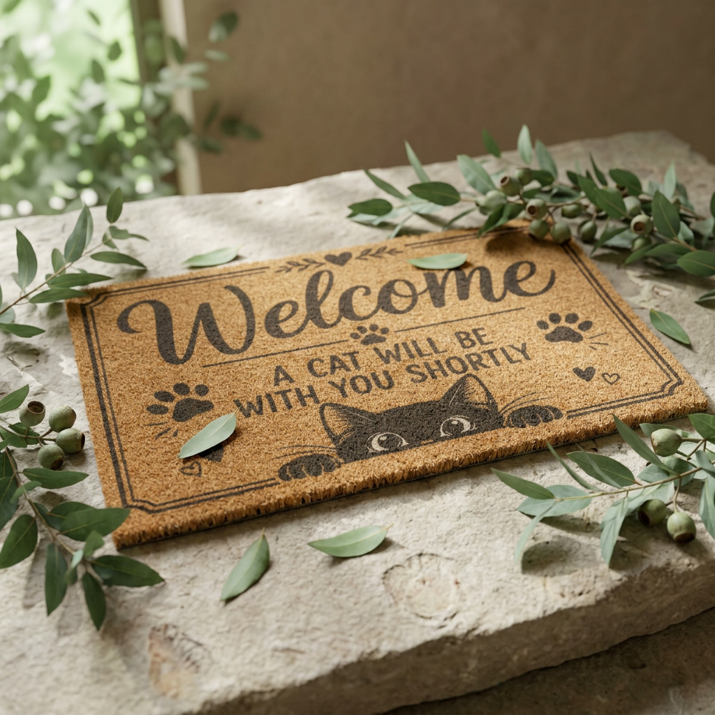 Welcome Doormat — "A Cat Will Be With You Shortly" Cute Cat Paw Welcome Mat