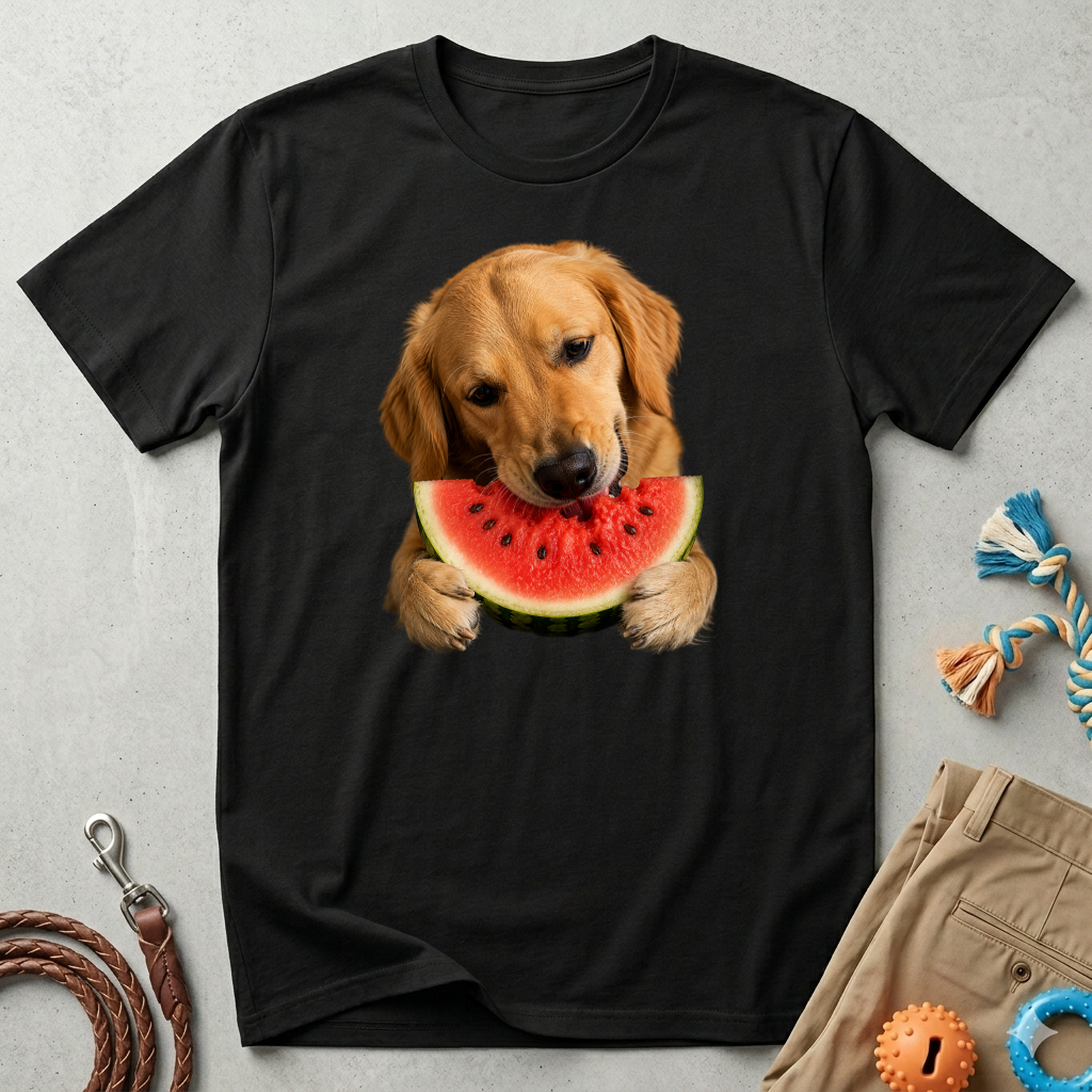 Dog Eating Watermelon T-Shirt — Cute Golden Retriever Summer Tee