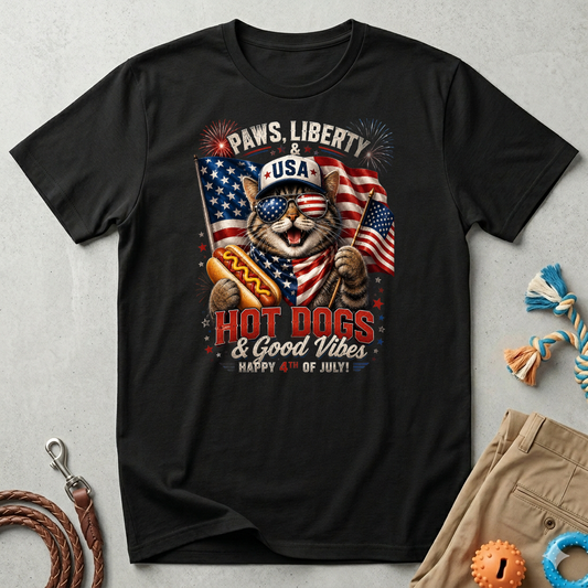Paws, Liberty & USA Cat T-Shirt — Patriotic 4th of July Cat Graphic Tee
