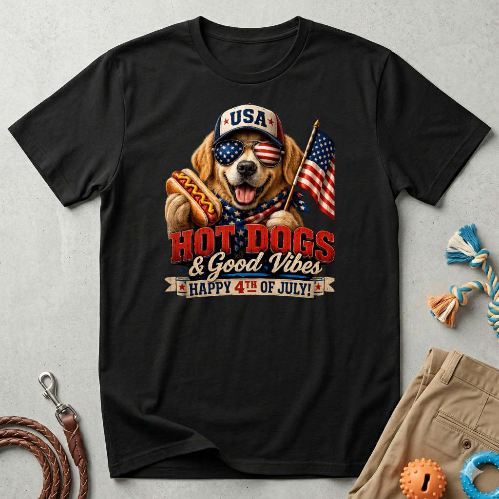 4th of July Dog T-Shirt — "Hot Dogs & Good Vibes" USA Flag Tee