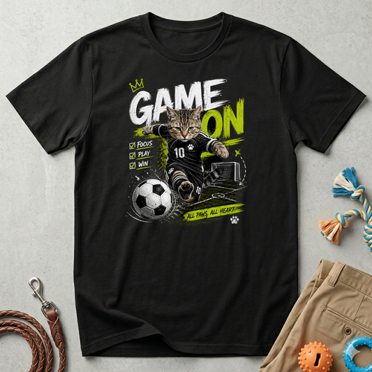 Game On Soccer T‑Shirt — Cat Player Design (Focus • Play • Win)