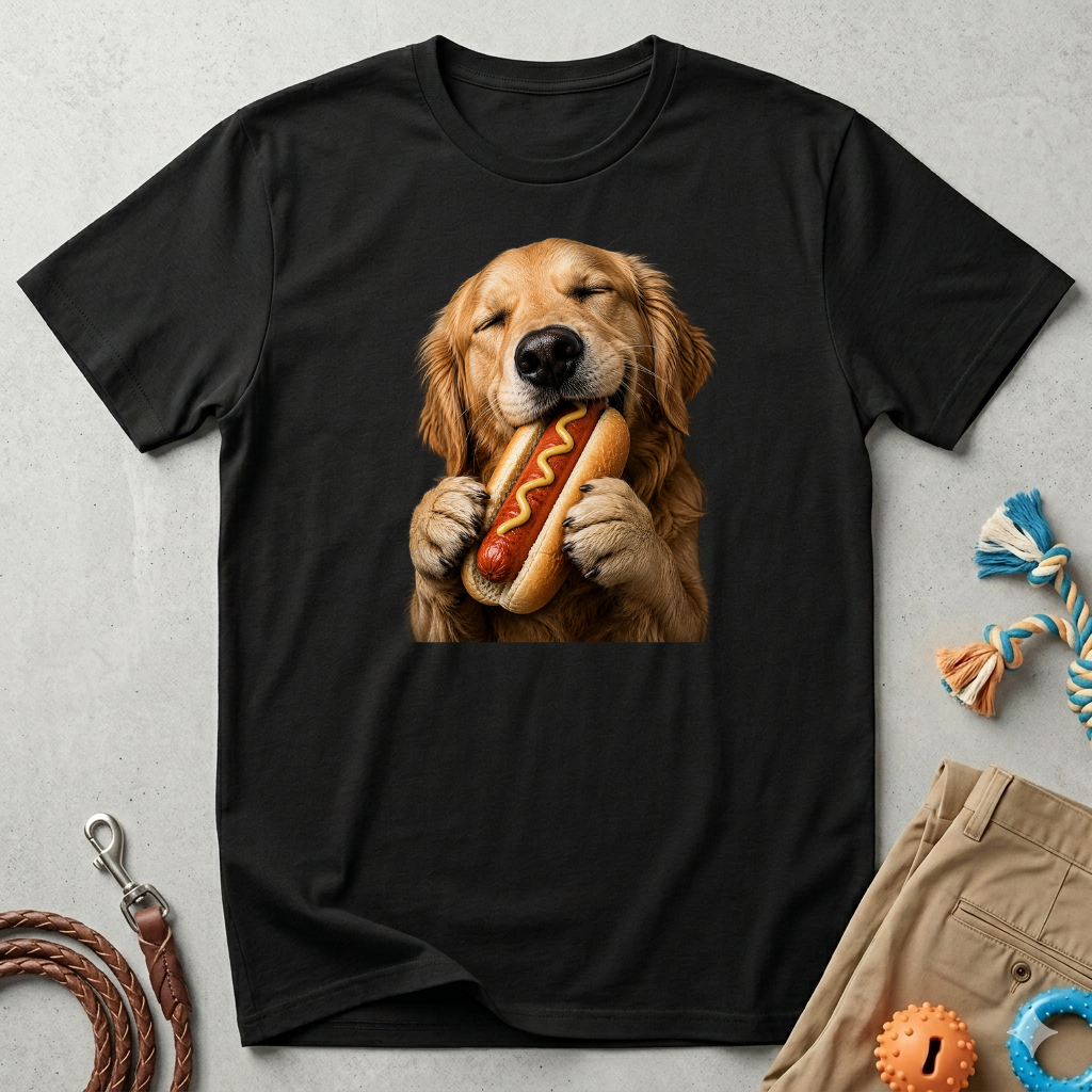 Golden Retriever Hot Dog T-Shirt — Cute Dog Eating Hotdog Graphic Tee