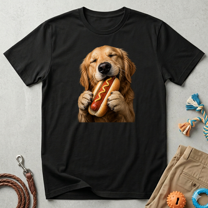 Golden Retriever Hot Dog T-Shirt — Cute Dog Eating Hotdog Graphic Tee