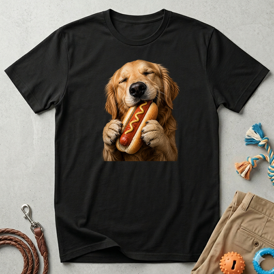 Golden Retriever Hot Dog T-Shirt — Cute Dog Eating Hotdog Graphic Tee