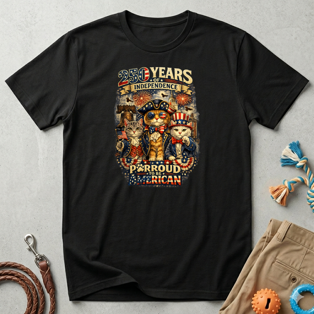 T-Shirt — "250 Years of Independence" Patriotic Cat Fourth of July Tee