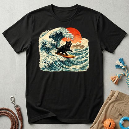 Surfing Black Cat T-Shirt — Vintage Wave Sunset Tee