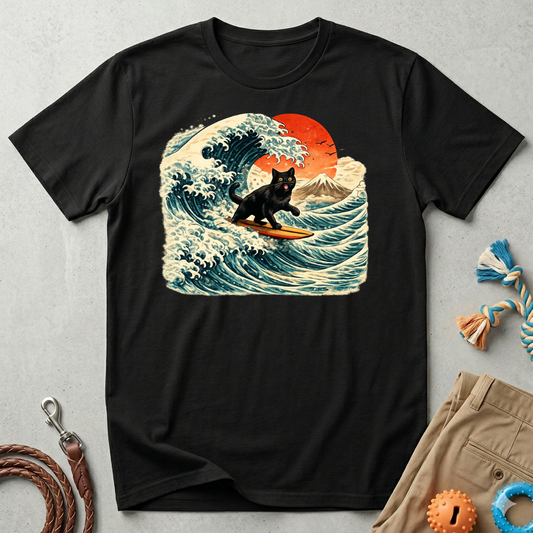 Surfing Black Cat T-Shirt — Vintage Wave Sunset Tee