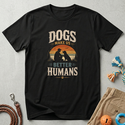 T-Shirt — "Dogs Make Us Better Humans" Vintage Sunset Dog Lover Tee